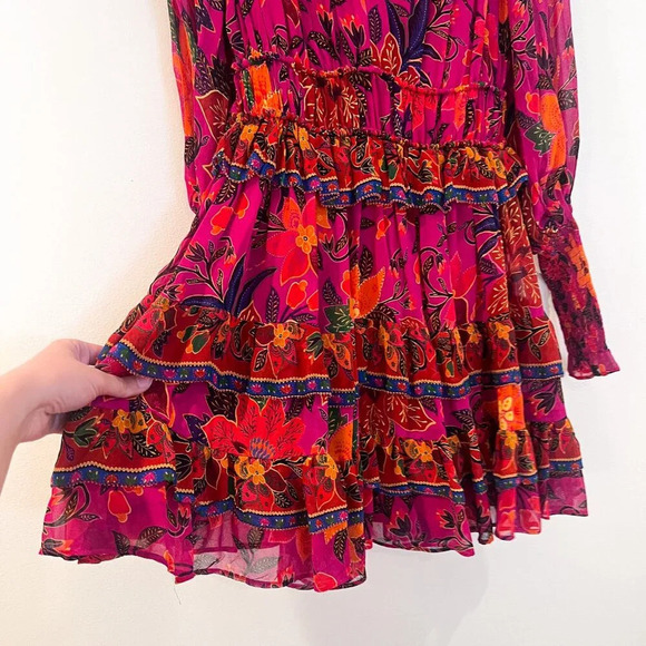 Farm Rio Colorful Pink Floral Tropical V Neck Tiered Long Sleeve Mini Dress XS - Picture 4 of 9